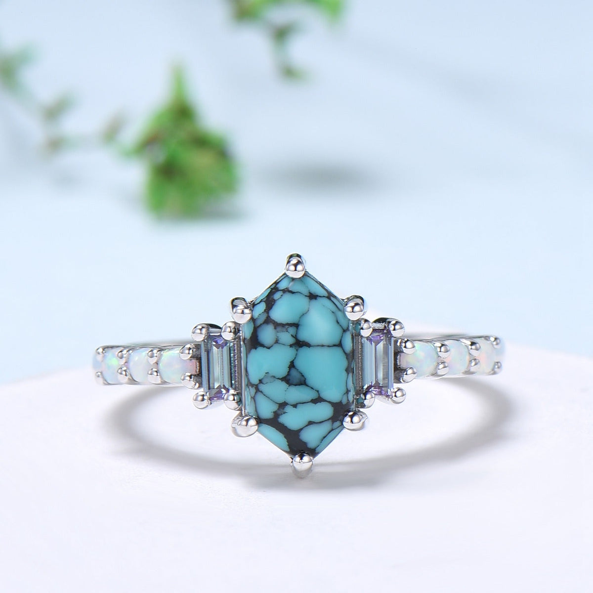 Unique turquoise engagement ring Long hexagon cut turquoise cluster baguette alexandrite opal wedding ring art deco proposal gifts for women
