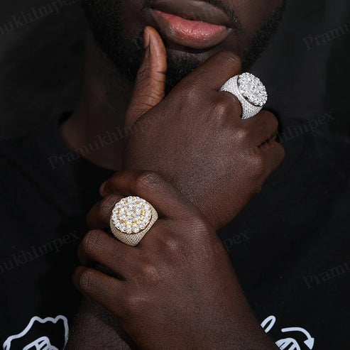 Hip Hop Full Iced Out Moissanite Men's Bullseye Signet Ring In Sterling Silver