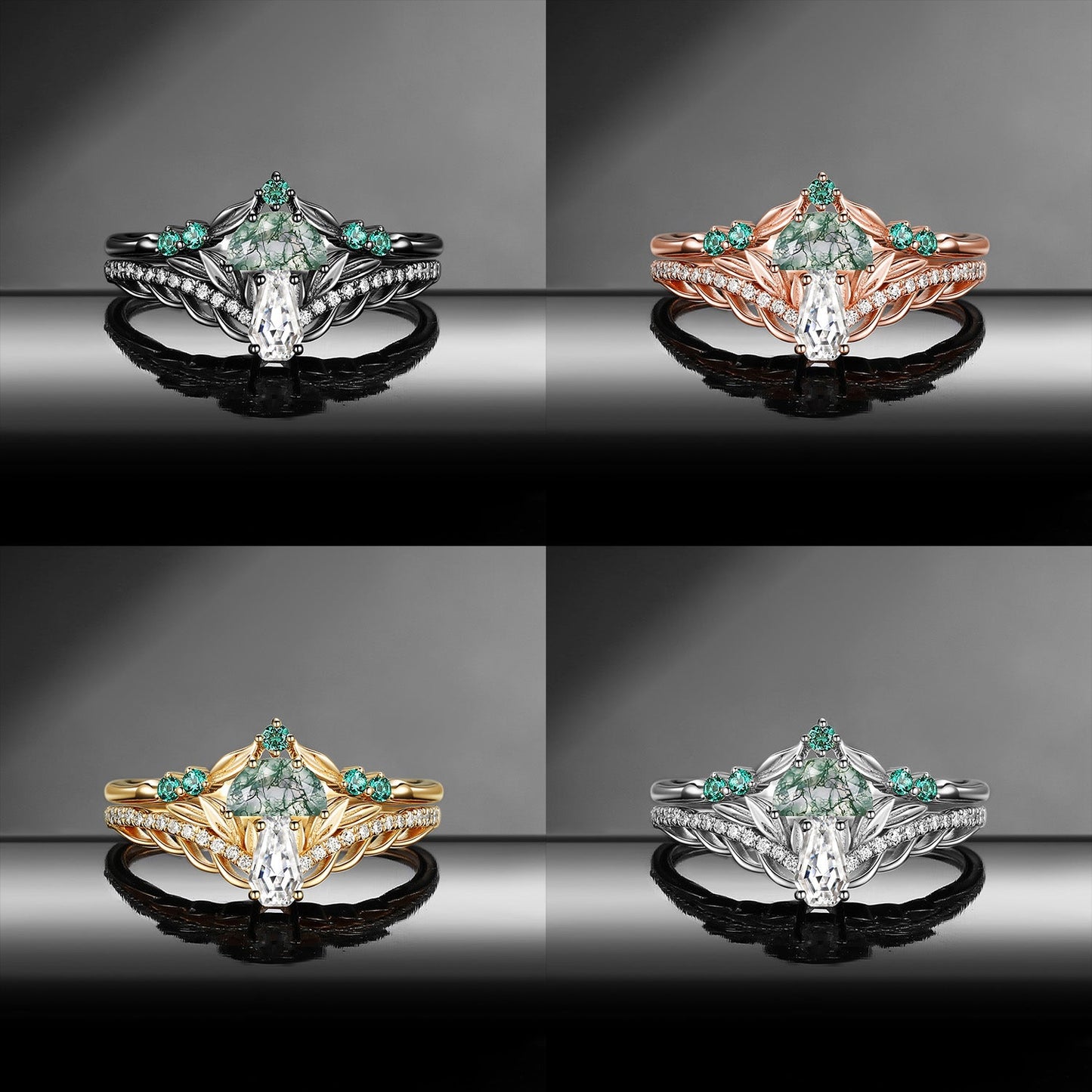 Tree of Life - Nature Inspired Coffin Moissanite & Moss Agate Mushroom Engagement Ring Set