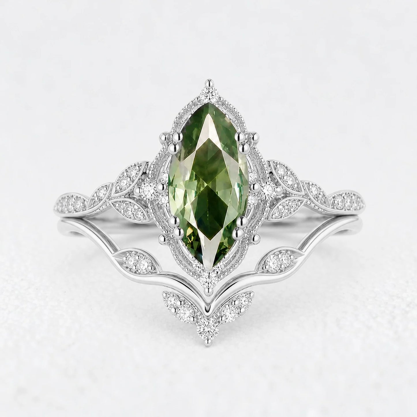 Marguerite’s Laurel | Marquise Green Sapphire Vine Bridal Duo
