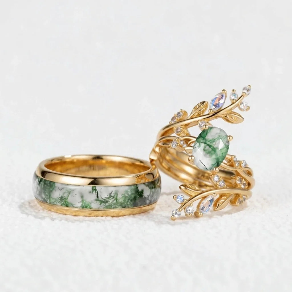 Sylvie’s Wildwood | Oval Moss Agate & Inlay Band Couple Set 3pcs