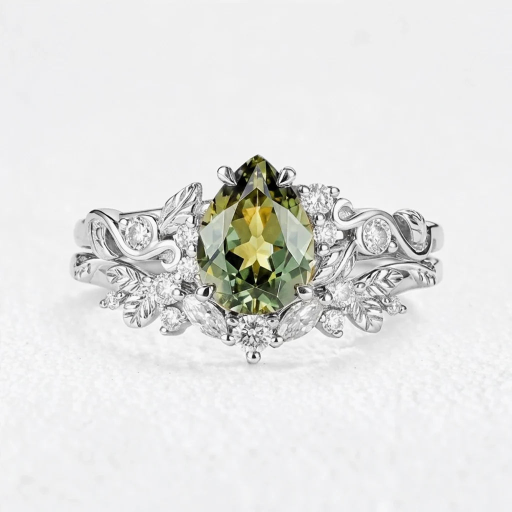 Sylvie’s Vine | 1.3CT Vintage Green Sapphire & Leaf Bridal Set 2pcs