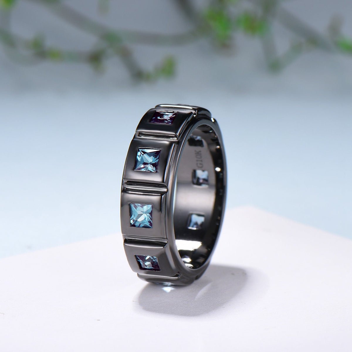Black Gold Brushed Finish Mens Wedding Band Unisex Frame Princess Cut Alexandrite Men's Wedding Ring Anniversary Stacking Matching Band Gift