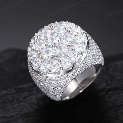 Hip Hop Full Iced Out Moissanite Men's Bullseye Signet Ring In Sterling Silver
