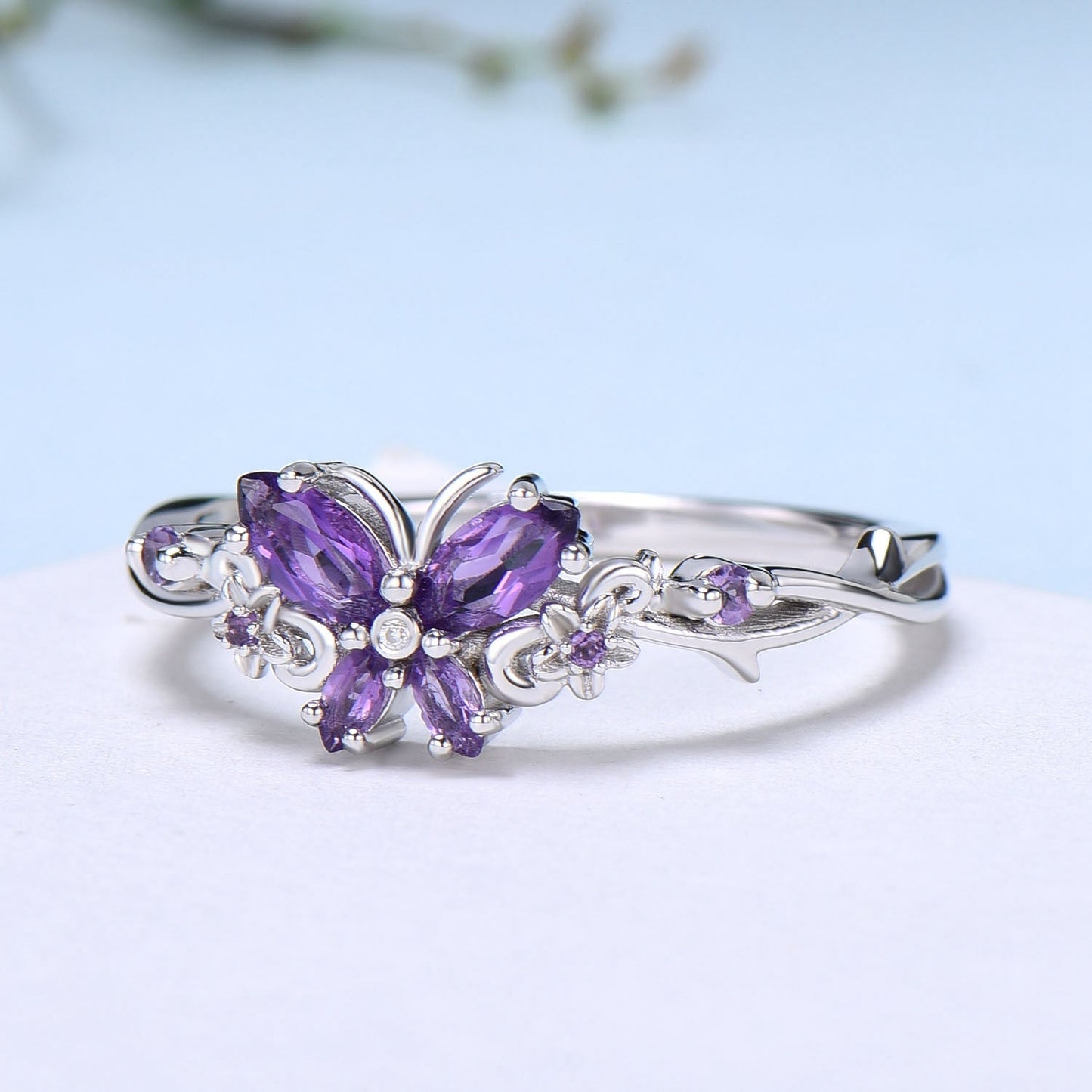 Vintage Butterfly Amethyst Engagement Ring Unique marquise cut purple amethyst silver white gold flower promise ring anniversary gift women