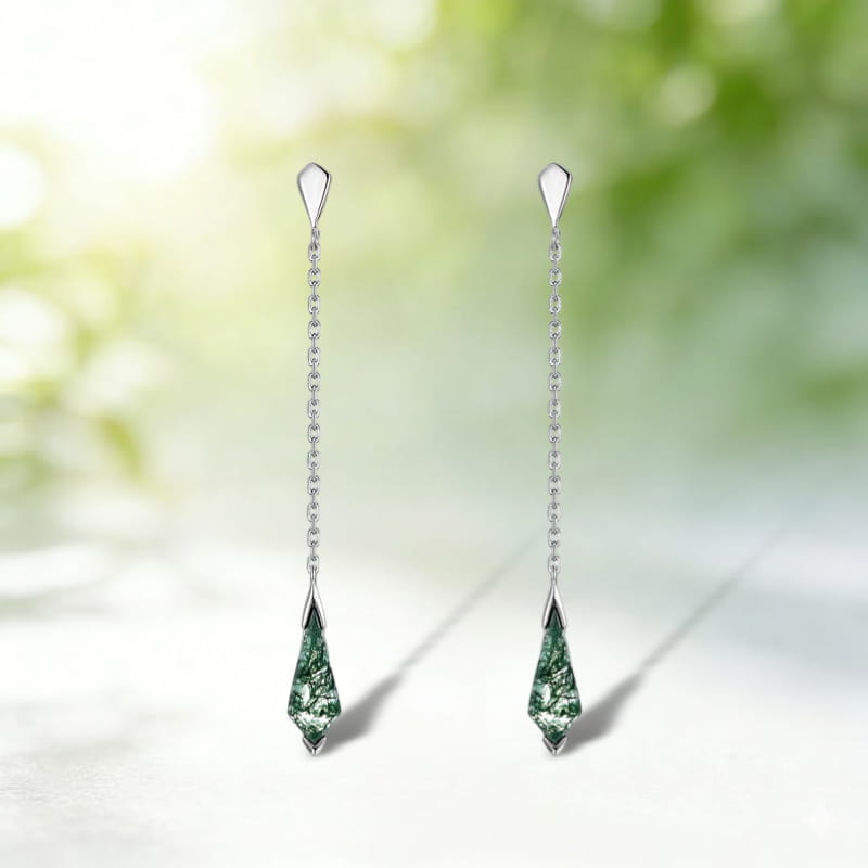 Kite Cut Moss Agate Long Drop Earrings - 4x12mm Natural Mossy Green Stone Dangles