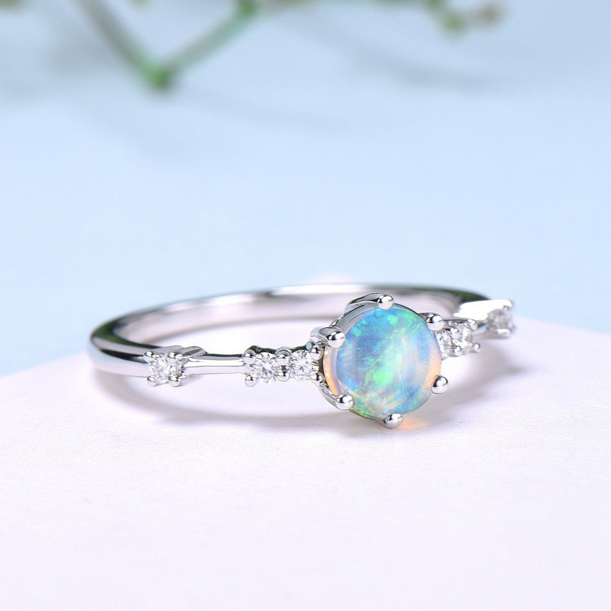 Dainty Natural Fire Opal Ring Natural Inspired White Opal Diamond Engagement Ring White Gold Minimalist Bridal Anniversary Ring for Women