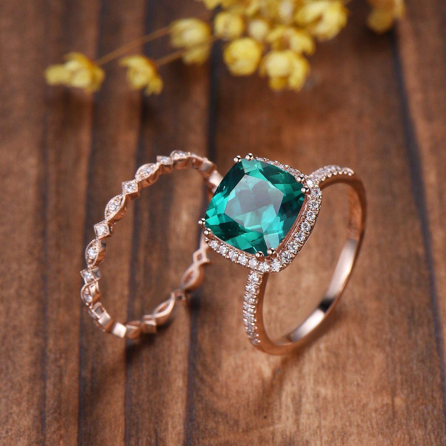 3ct Cushion Emerald Wedding Ring Set, May Birthstone Engagement Ring,Rose Gold Halo Diamond Bridal Set, Art Deco Full Eternity Milgrain Band
