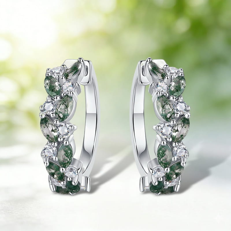 Natural Marquise Cut Moss Agate Leaf Vine Hoop Earrings