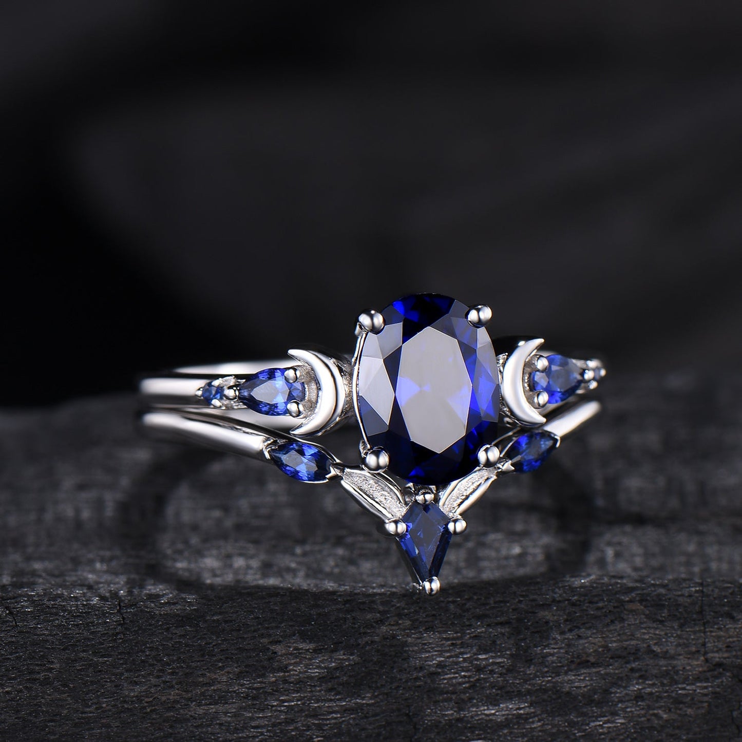 Vintage 1.5 Carat oval blue sapphire moon engagement ring set Five stone wedding set