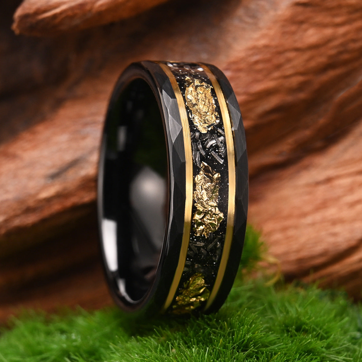 8mm tungsten men's wedding band Flat hammered black ring inlaid with meteorite