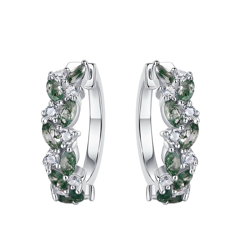 Natural Marquise Cut Moss Agate Leaf Vine Hoop Earrings