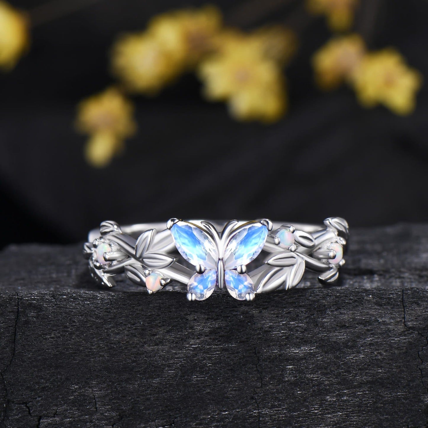 Natural Moonstone Butterfly Bridal Set White Opal Accent Leaf Engagement Ring