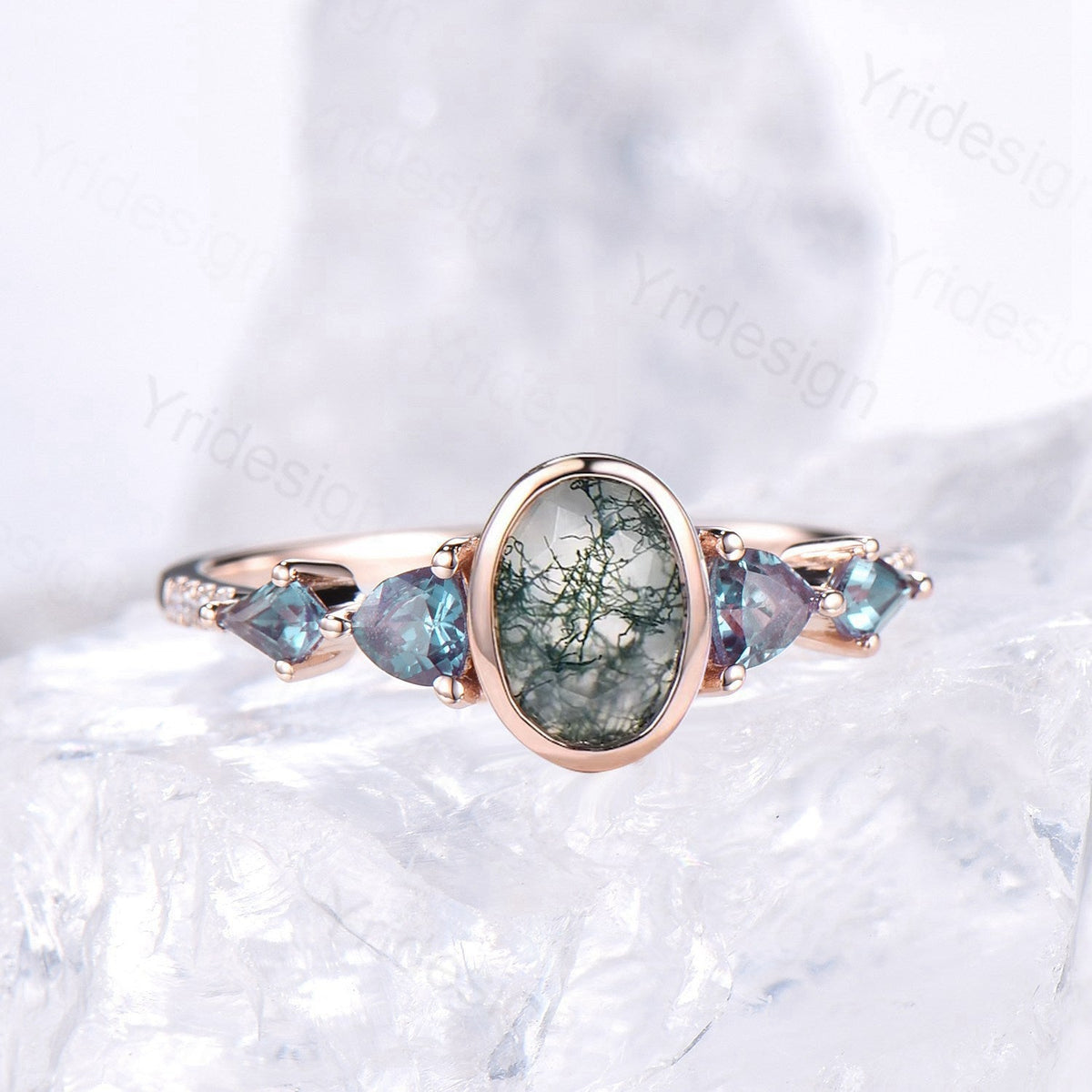 Vintage Bezel Set Oval Moss Agate Engagement Ring | Five Stone Alexandrite Accents
