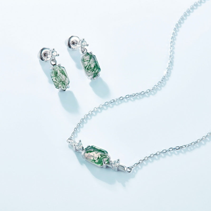 Dainty Moss Agate Earrings - Unique Long Hexagonal Nature Jewelry