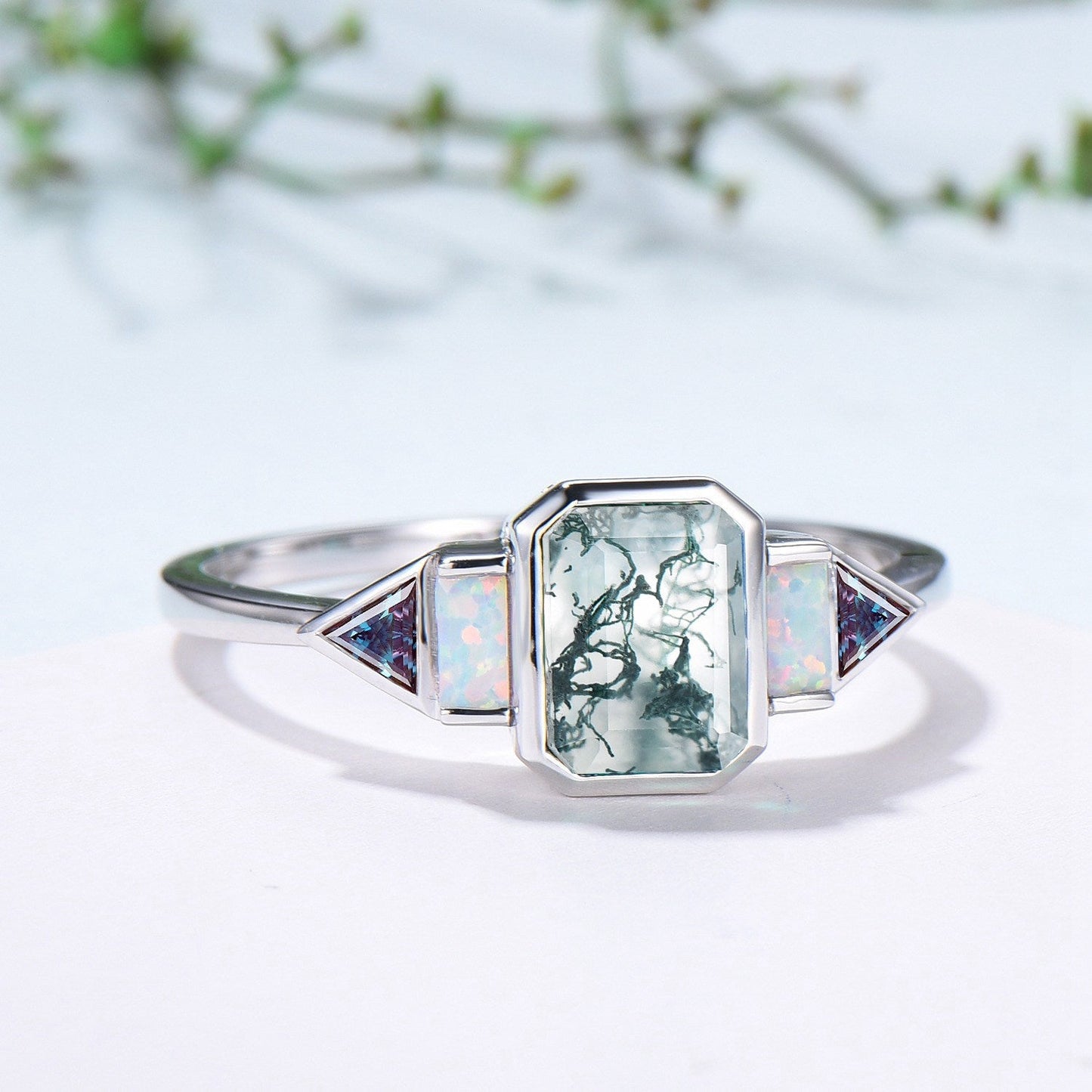 Bezel Set Emerald Cut Moss Agate Engagement Ring Five Stone Baguette Opal & Trillian Alexandrite Wedding Anniversary Ring