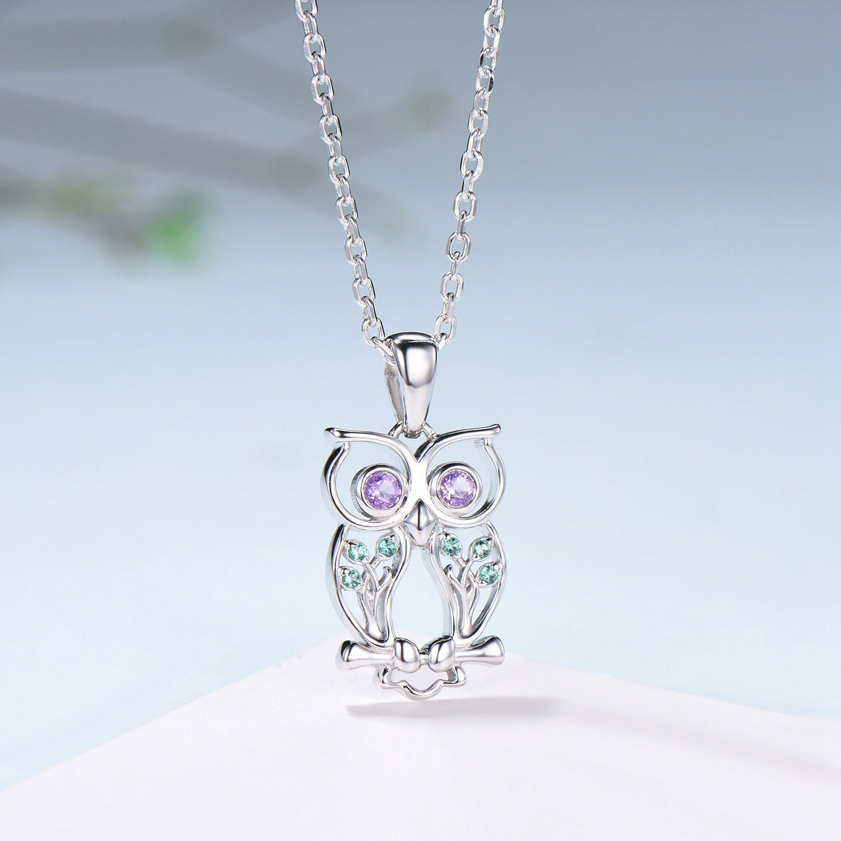 Elegant Owl Pendant Necklace Animal Inspired Amethyst Emerald Pendant Necklace Silver Yellow Gold Emerald Hollow Night Owl Anniversary Gift