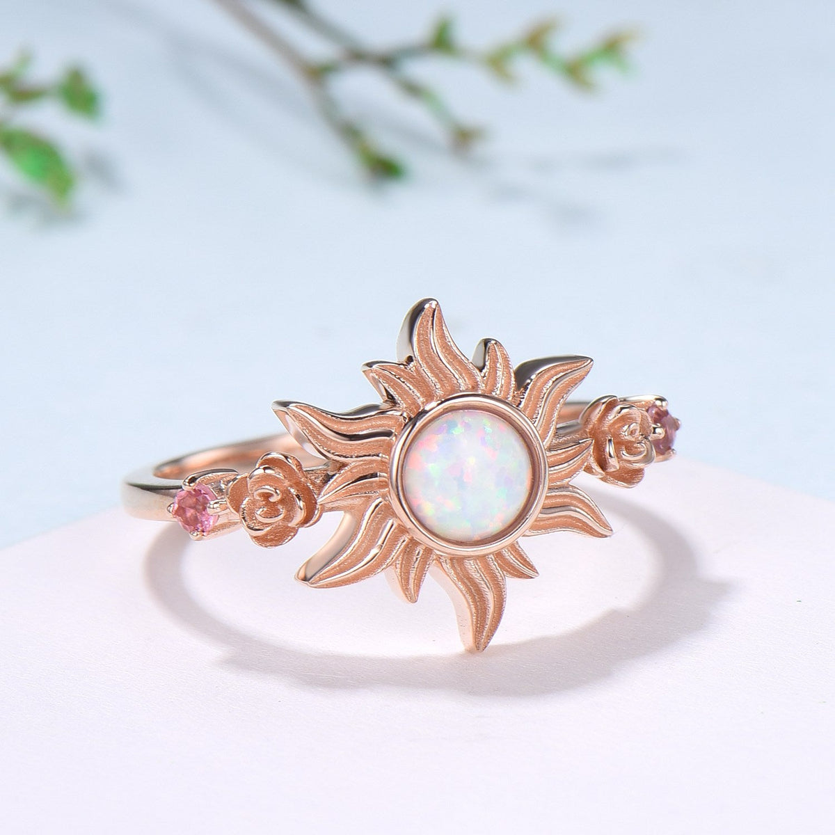 Sunflower ring round fire opal engagement ring nature inspired pink tourmaline wedding ring vintage flower anniversary promise ring for wife