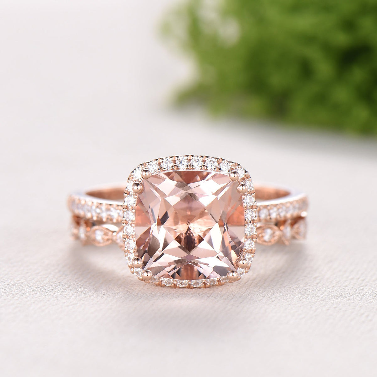 3ct cushion cut natural morganite engagement ring set Vintage 14k rose gold bridal ring set Full eternity Milgrain matching band