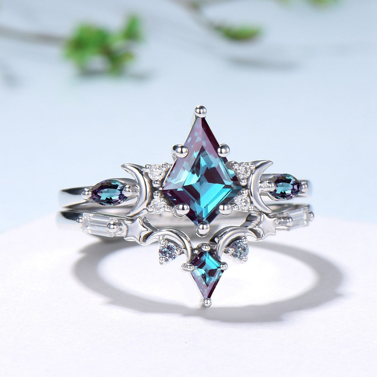 Kite Cut Alexandrite Engagement Ring Set Crescent Moon Star White Gold Art Deco Marquise Bridal Set