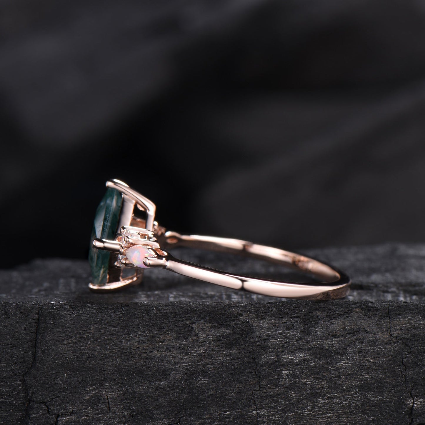 2CT Natural Princess Cut Moss Agate Engagement Ring: Moissanite & Marqusie Opal Accents