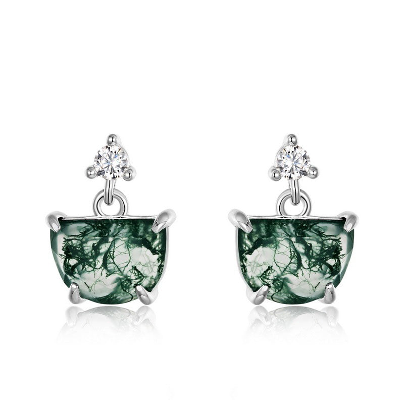 Half Moon Moss Agate Drop Earrings Unique Fan-Shaped Nature Jewelry
