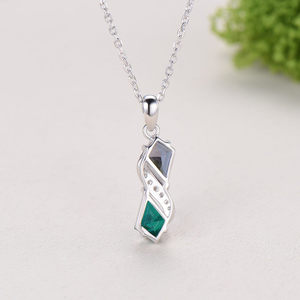 Two-Tone Kite Cut Alexandrite and Emerald Necklace Pendant | White Gold Moissanite Accent Snake Necklace