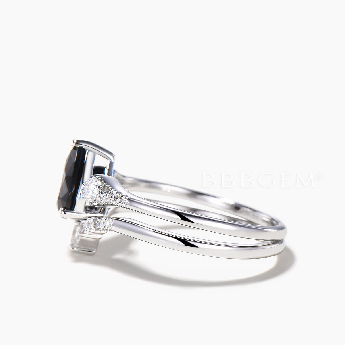 Teardrop Cut Natural Black Onyx Engagement Ring Moissanite Curved Bridal Set