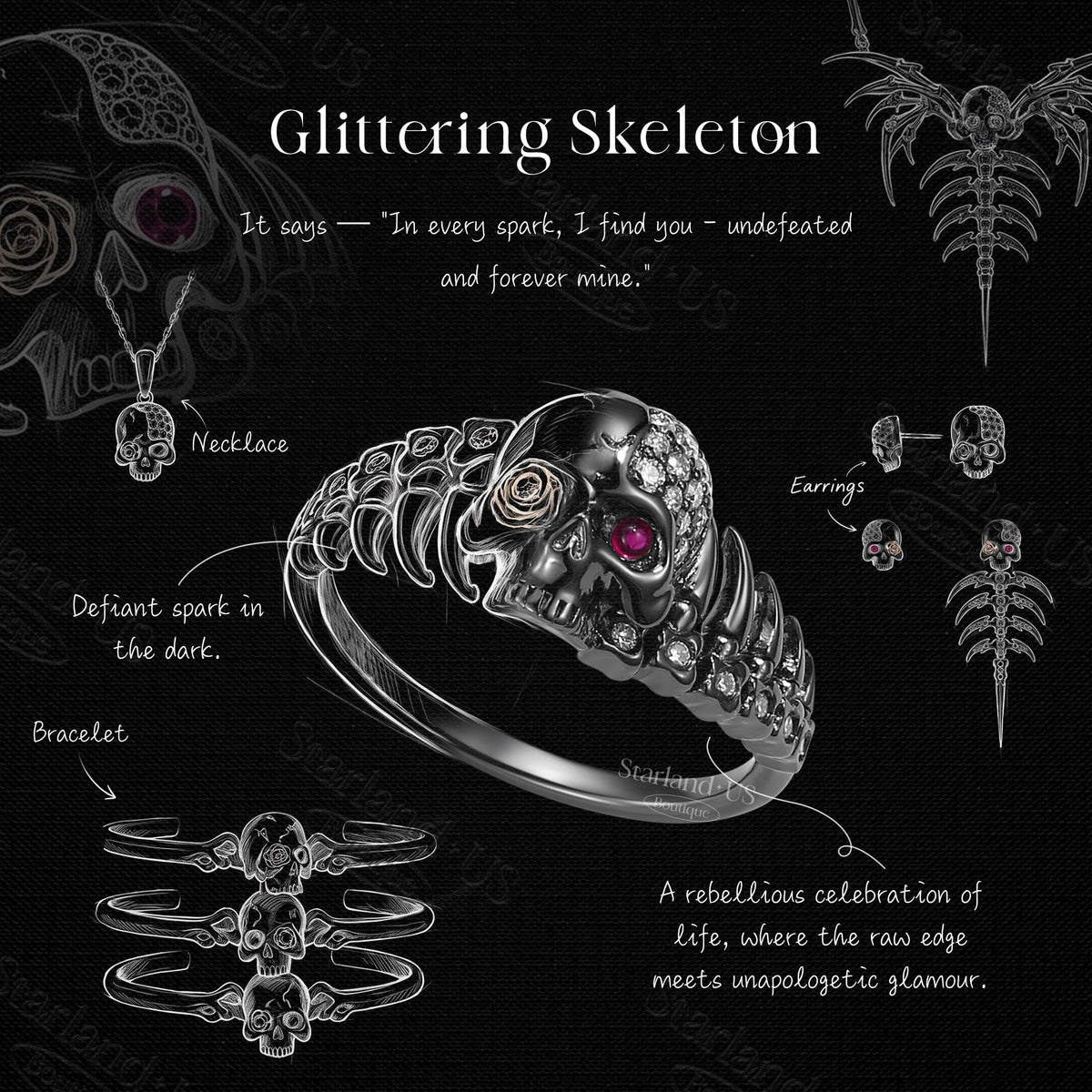 Unique Skull & Skeleton ‘Three Times a Bride' Stacked Cuff Bracelet