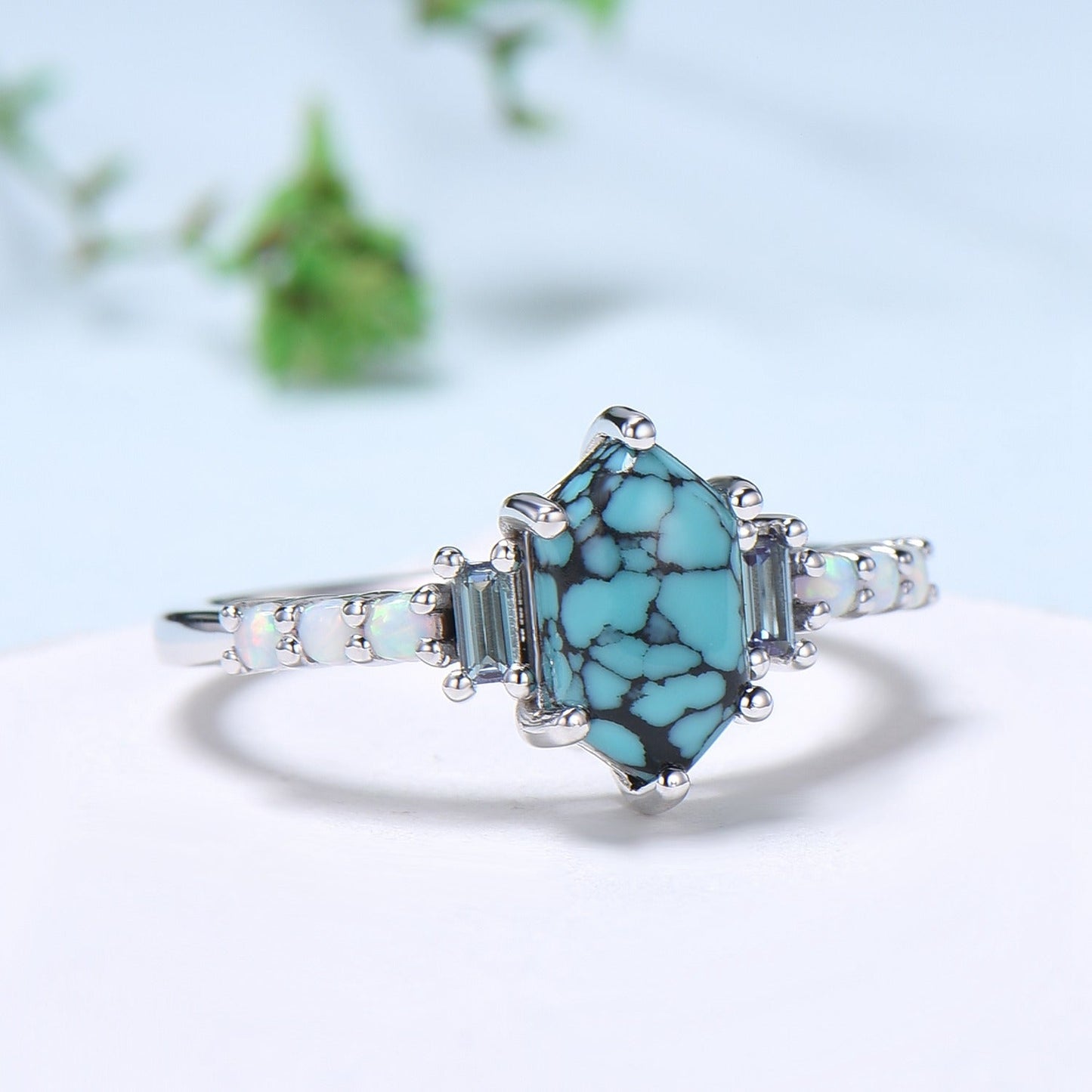Unique turquoise engagement ring Long hexagon cut turquoise cluster baguette alexandrite opal wedding ring art deco proposal gifts for women