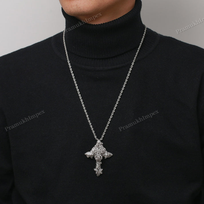 Moissanite Sterling Silver Rose Cross Pendant