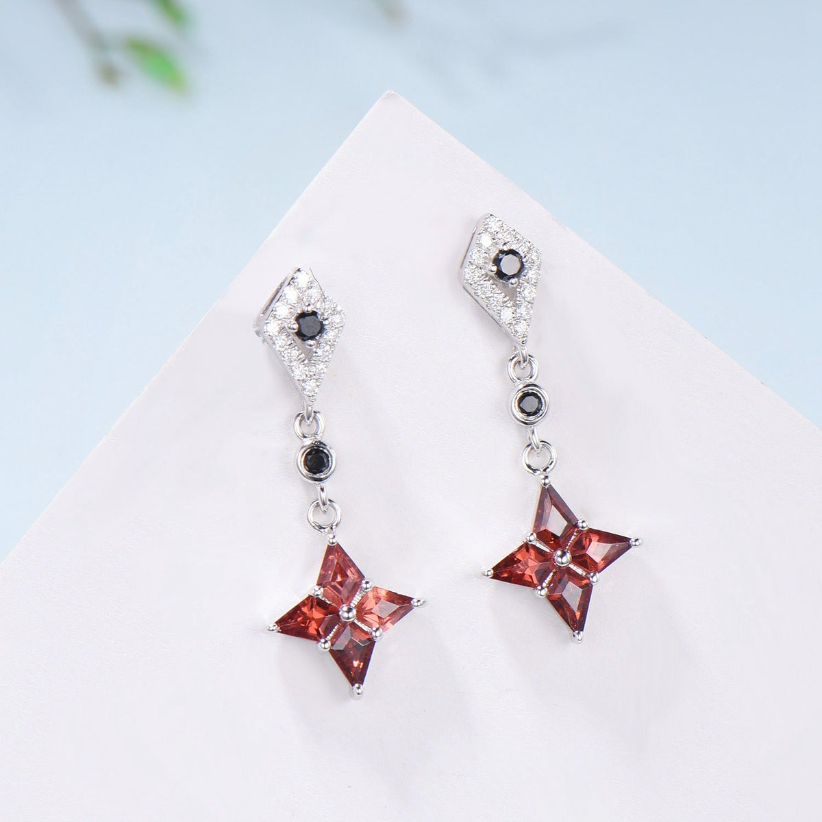 Kite Cut Natural Garnet Drop Earrings with Black Spinel & Moissanite Diamond