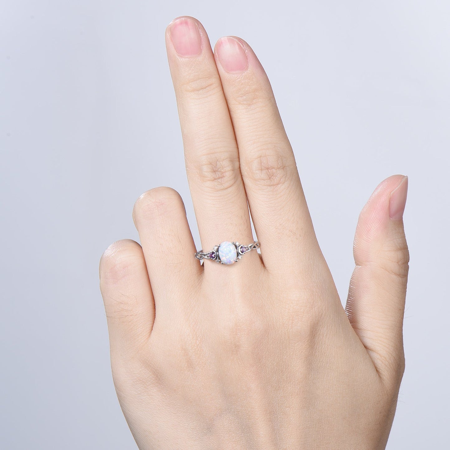 Norse Viking Opal Ring 1.5 Carat Oval Opal Moon Engagement Ring Cluster Amethyst Moissanite Wedding Band Alternative October Birthstone Gift