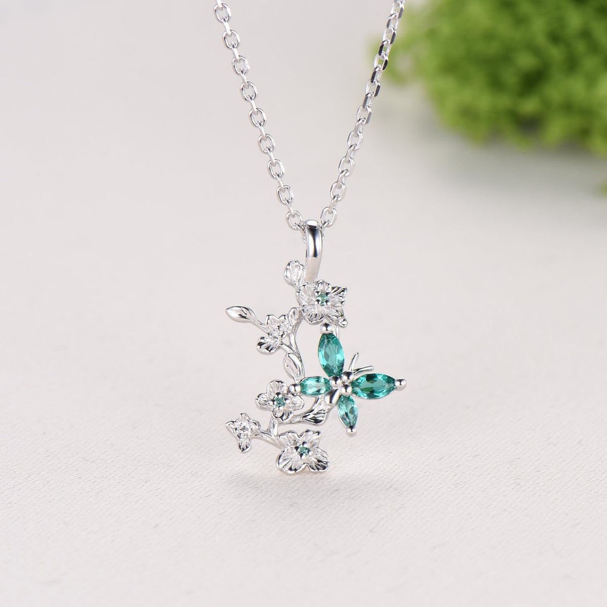 Emerald Green Crystal Butterfly Necklace, Floral Branch Pendant