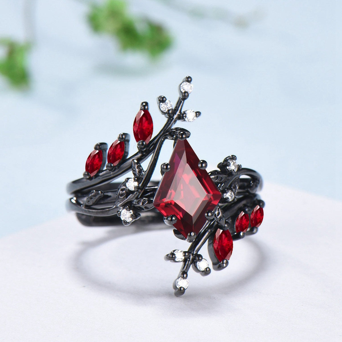 Nature inspired Kite cut ruby ring set black gold leaf gothic engagement ring  -knight