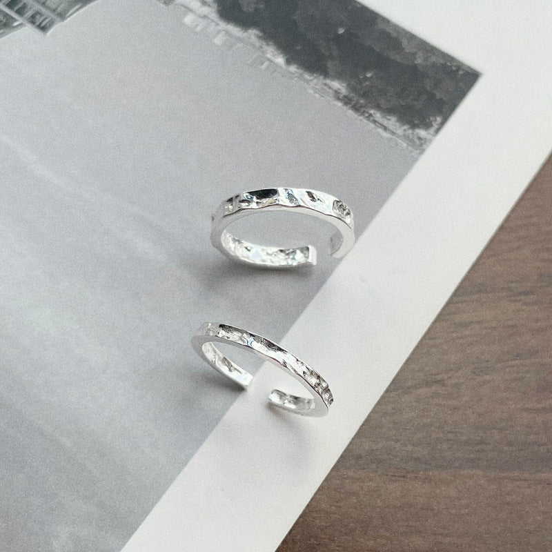 Stone Texture Open Ring, Minimalist Irregular Concave-Convex Band, Ins Cold Style Adjustable S925 Sterling Silver  Ring for Women