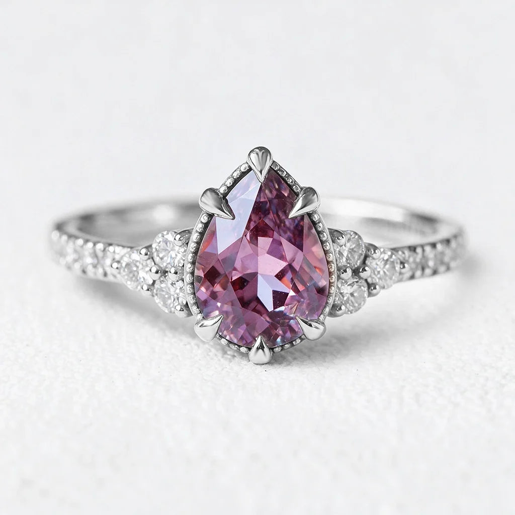 Aurora's Twilight | 2CT Pear Violet Sapphire Engagement Ring with Diamond Band