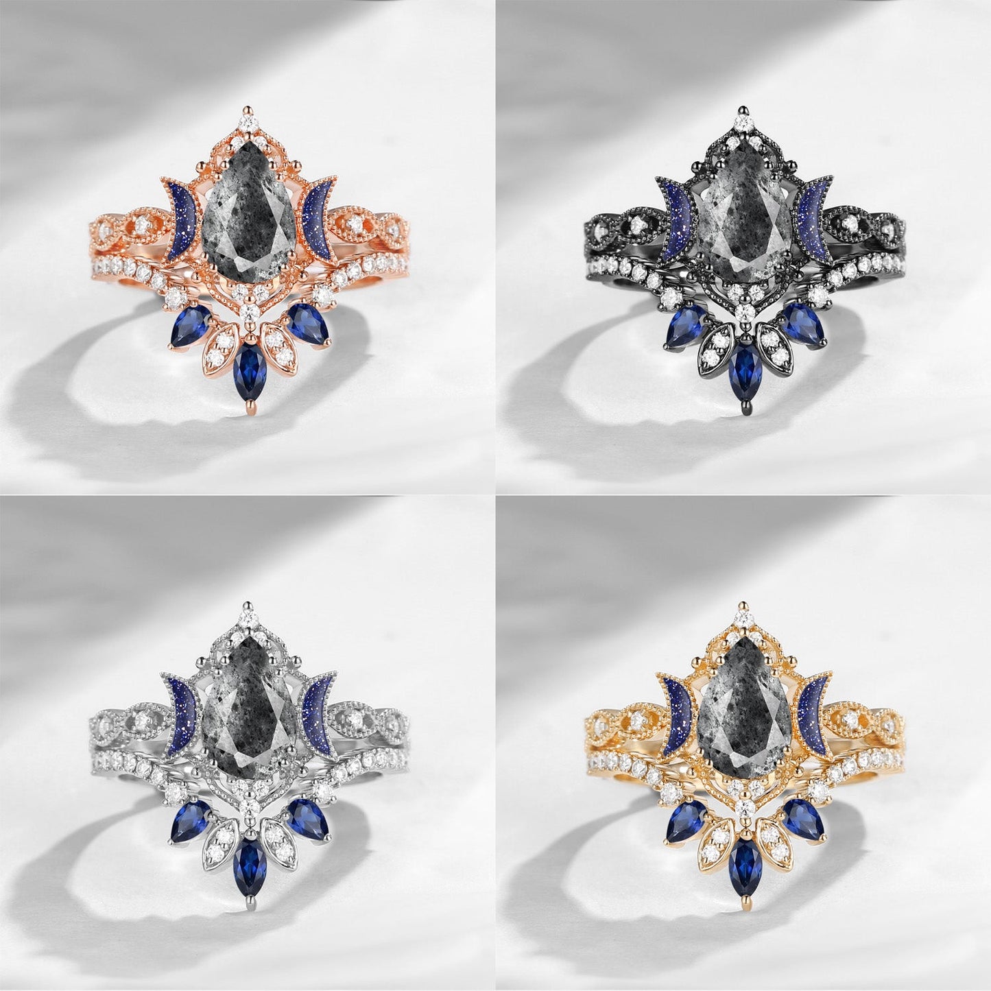 Crescent Moon | Blue Moon Inspired Pear Herkimer Diamond 'Ultra Galaxy' Engagement Ring Set 2pcs