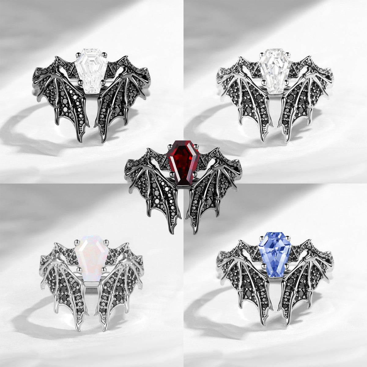 Non-Traditional Coffin Natural Opal Vampire Ring Bridal Set 2pcs - Bat Ring
