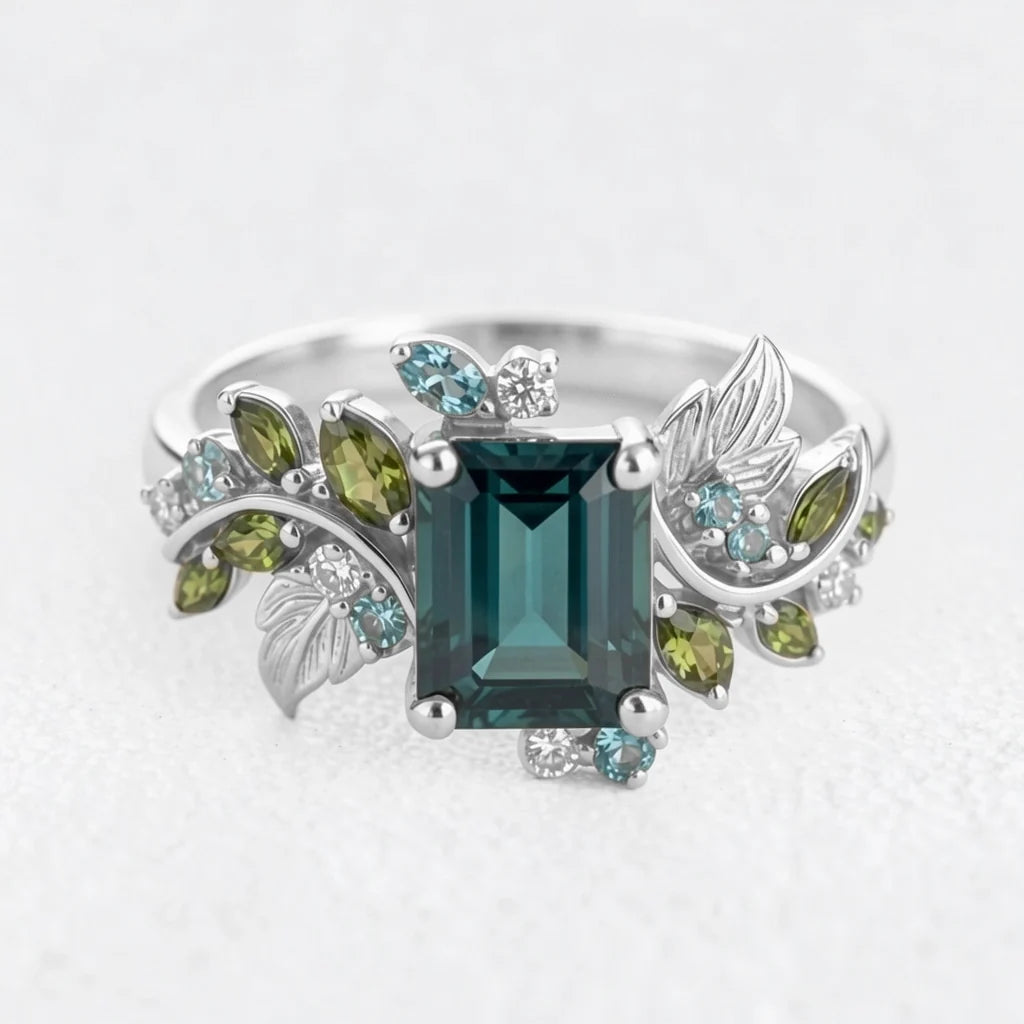 Ivy’s Embrace | Emerald Cut Blue Green Tourmaline Vine & Leaf Engagement Ring