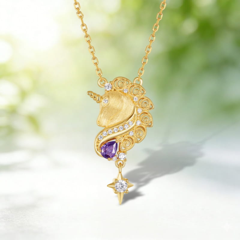 Handcrafted Brushed Gold Unicorn Necklace -Plated Amethyst Pendant