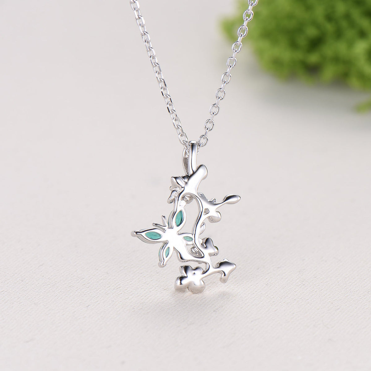 Emerald Green Crystal Butterfly Necklace, Floral Branch Pendant