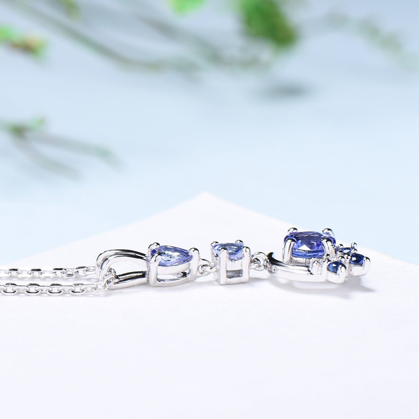 Unique Crescent Moon Tanzanite Necklace Elegant Cluster Sapphire Pendant Necklace 14k/18k White gold silver necklace promise gift for women