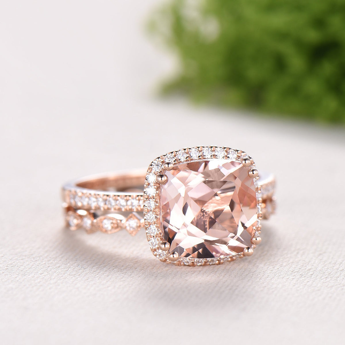 3ct cushion cut natural morganite engagement ring set Vintage 14k rose gold bridal ring set Full eternity Milgrain matching band