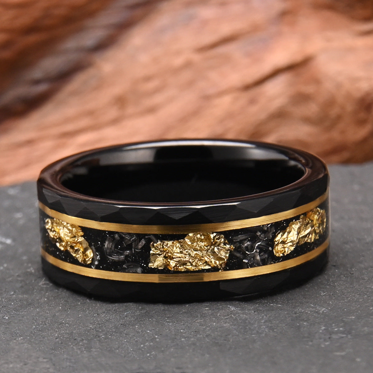 8mm tungsten men's wedding band Flat hammered black ring inlaid with meteorite