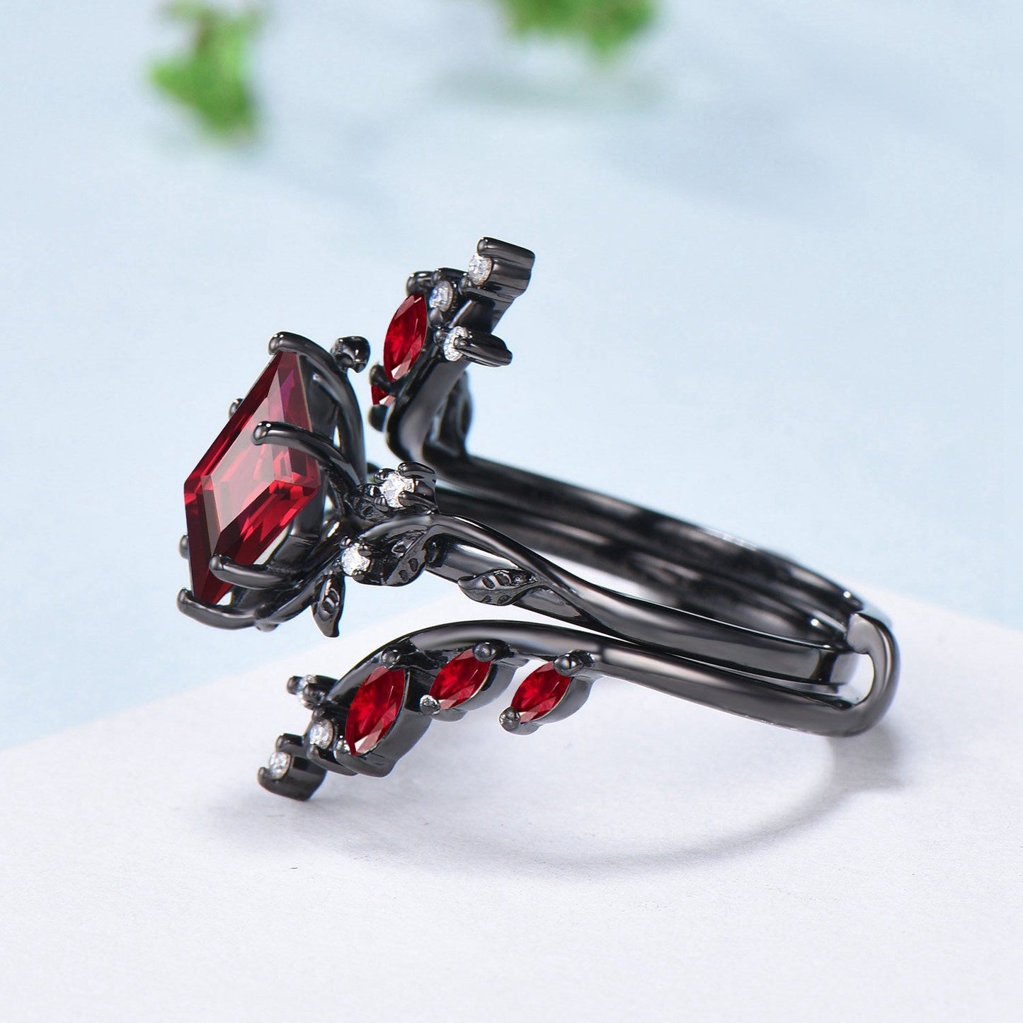 Nature inspired Kite cut ruby ring set black gold leaf gothic engagement ring  -knight