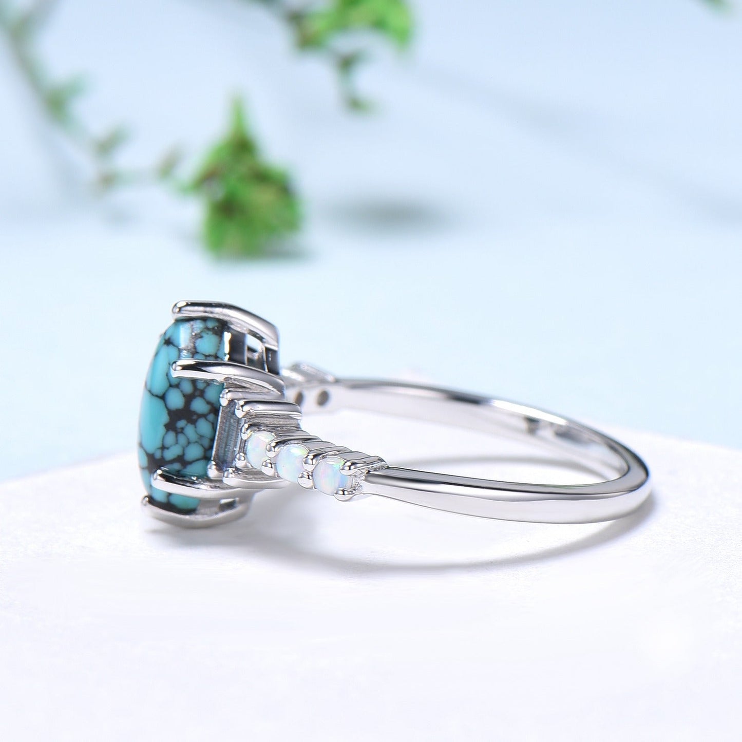 Unique turquoise engagement ring Long hexagon cut turquoise cluster baguette alexandrite opal wedding ring art deco proposal gifts for women
