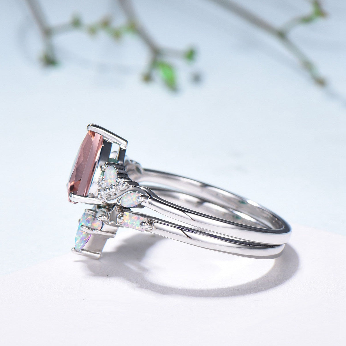 Pear Shaped Natural Morganite Opal Engagement Ring Set: The Fae Queen's Teardrop Nesting Ring