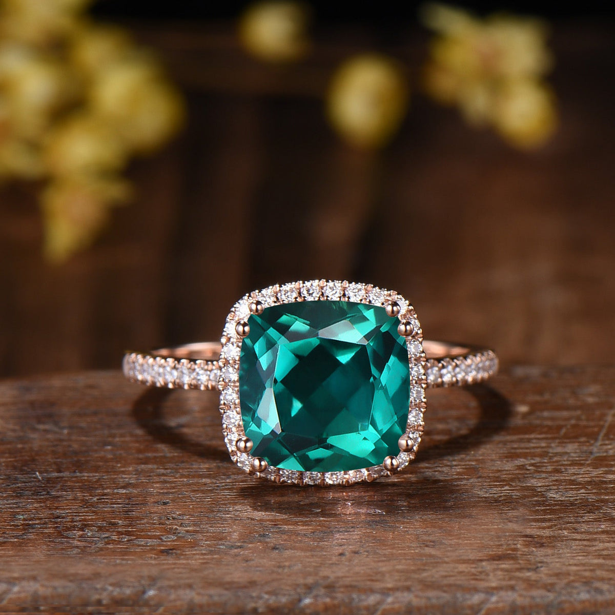 3ct Cushion Emerald Wedding Ring Set, May Birthstone Engagement Ring,Rose Gold Halo Diamond Bridal Set, Art Deco Full Eternity Milgrain Band