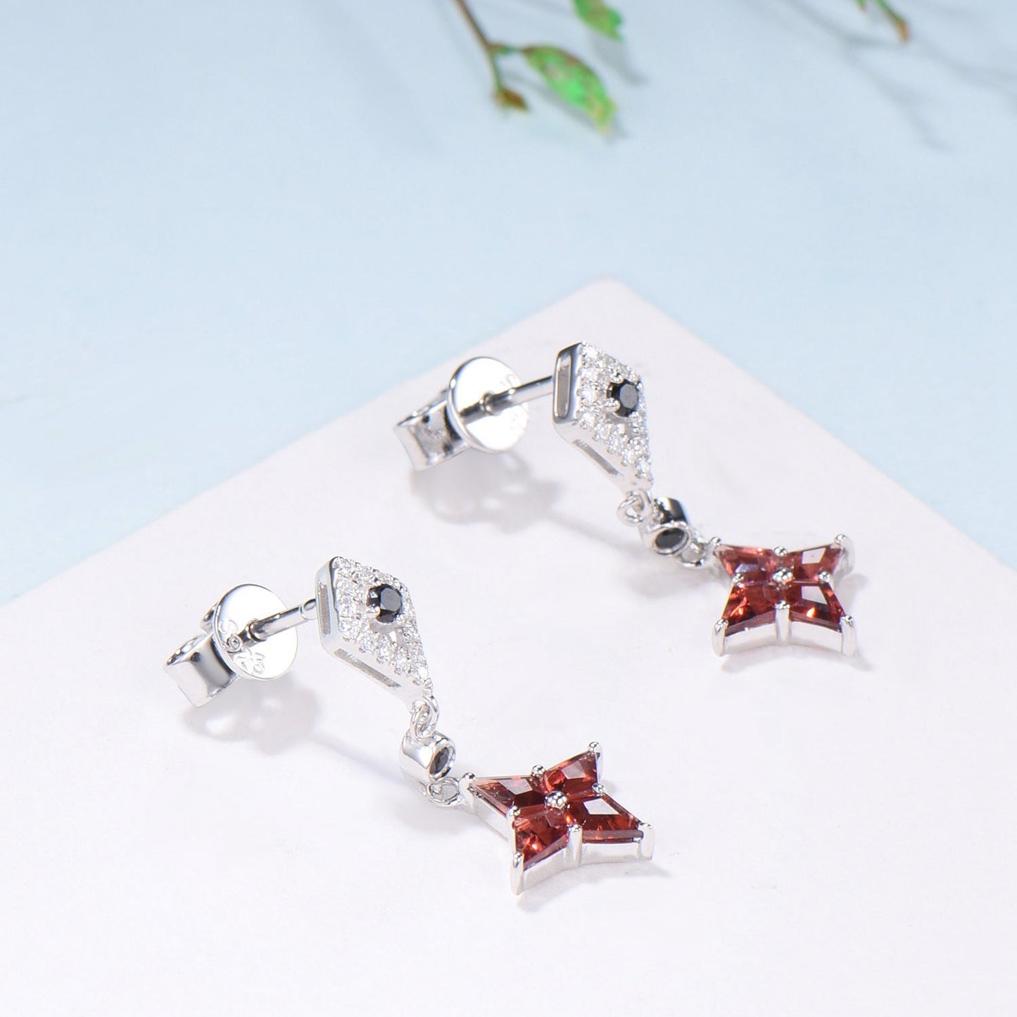Kite Cut Natural Garnet Drop Earrings with Black Spinel & Moissanite Diamond